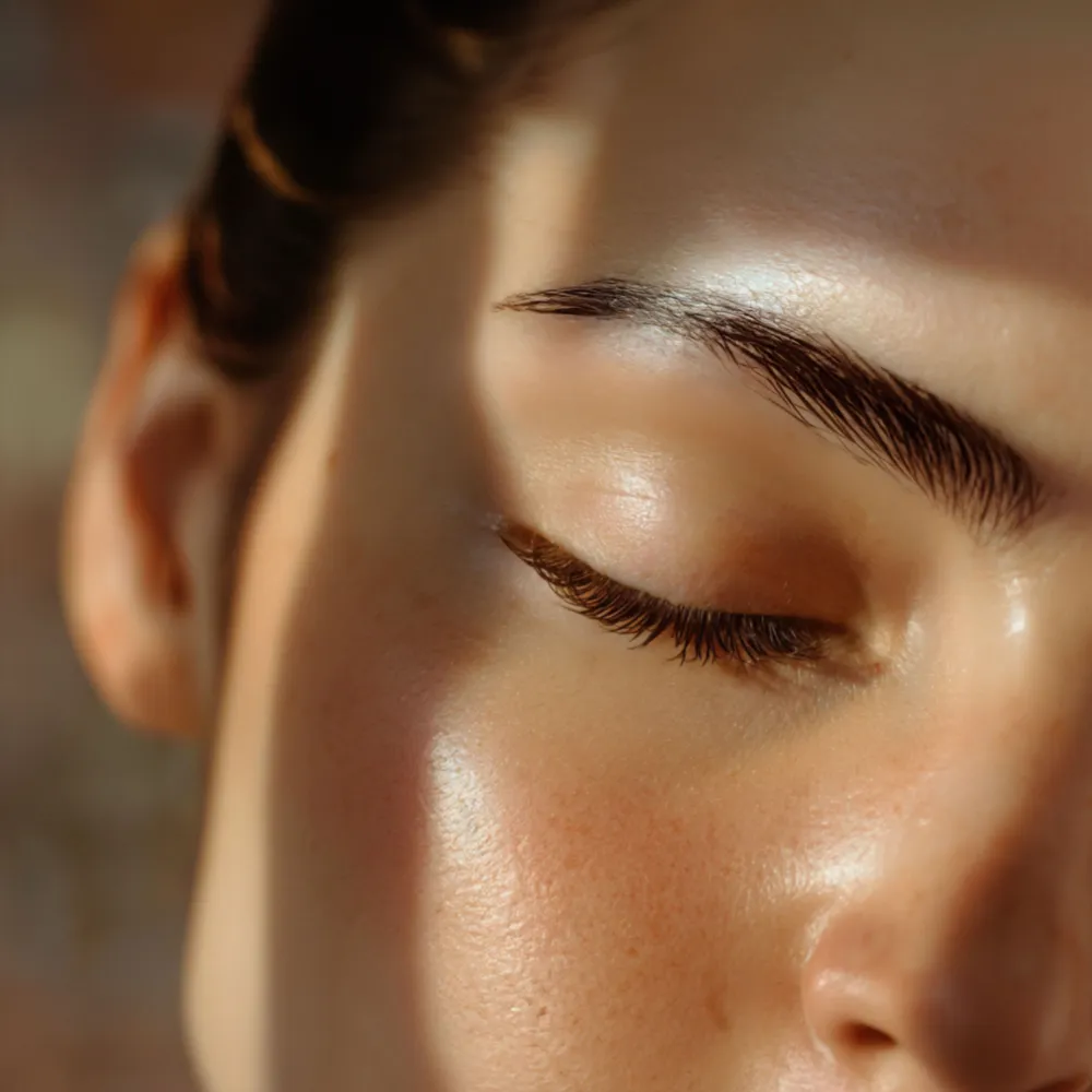 Close-up of glowing, healthy skin and natural lashes